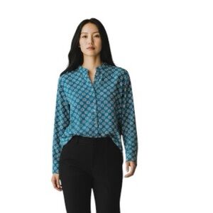 Equipment Femme Silk Teal Geometric Print Long-Sleeve Blouse Size Medium